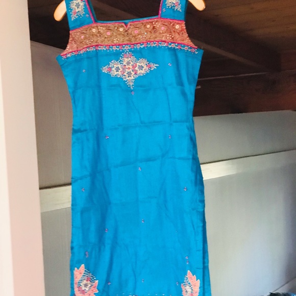 Vintage Heavily Beaded Aqua Turquoise Iridescent Indian Kurta Tunic Gems Dress. - Picture 8 of 13